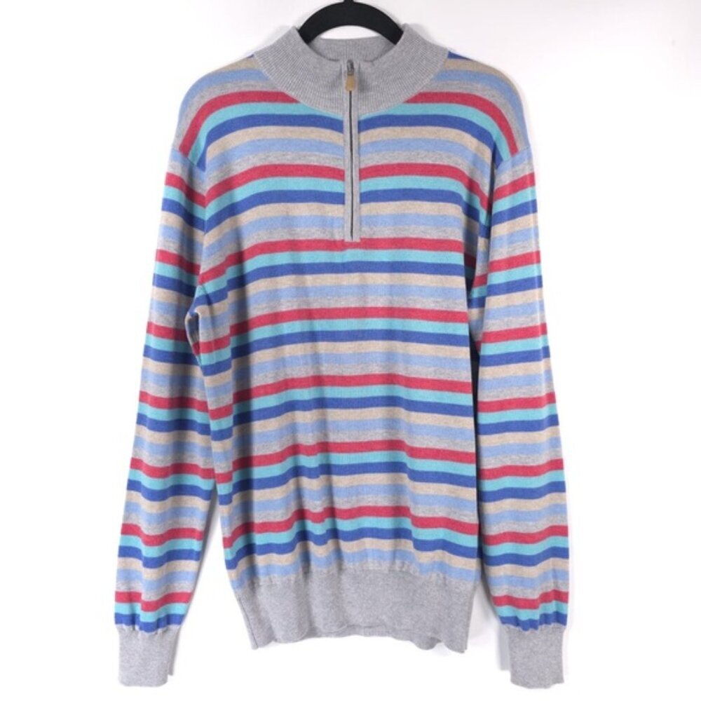 PETER MILLAR SILK CASHMERE PIMA COTTON‎ Striped 1/4 Zip Pullover Sweater MEDIUM